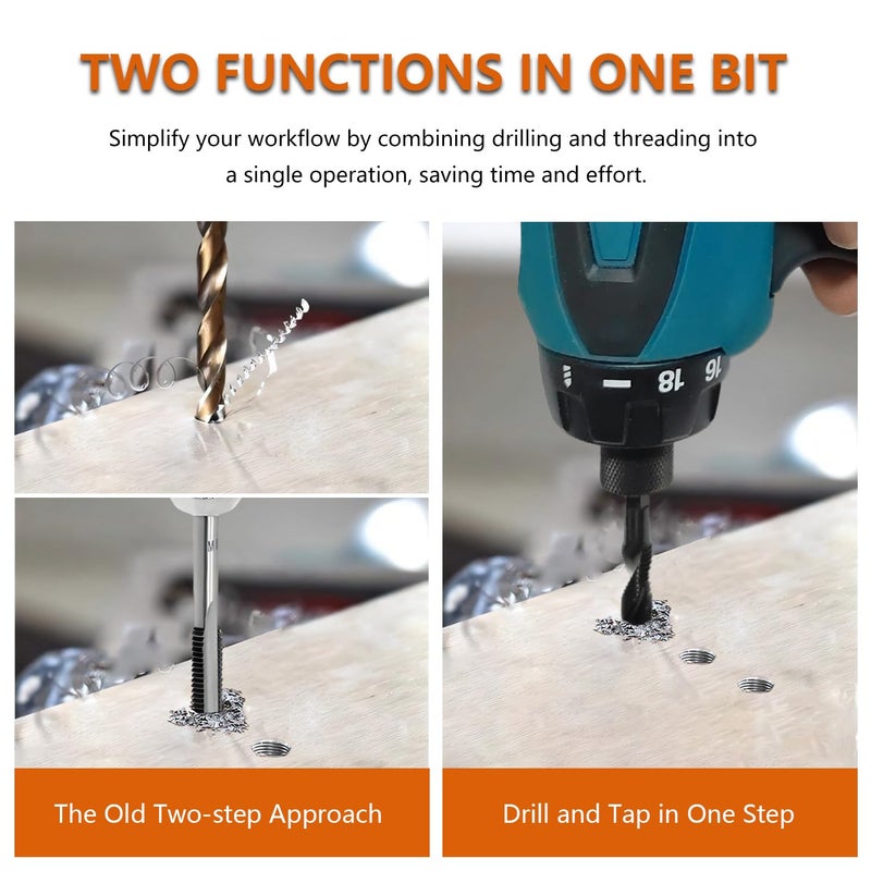 Hymnorq M8 Combination Tap and Drill Bit - TIAIN Coated, M35 Cobalt Steel, 118Â° Split Point, 1.25mm Thread Pitch, 1/4" Hex Shank, Dual Twist Flute, Ideal for Hard Metals - Image 2